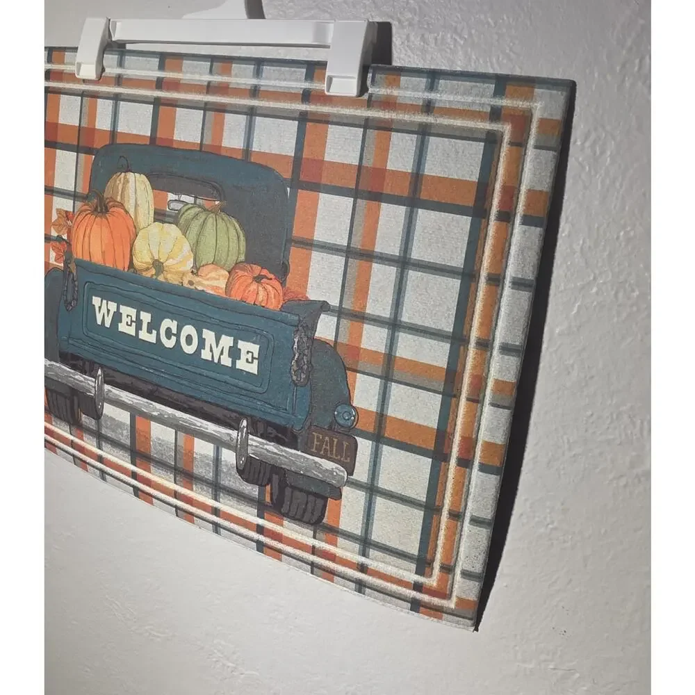 Pumpkin Plaid Truck Welcome Doormat Indoor Outdoor Rubber Backing 18 x 24